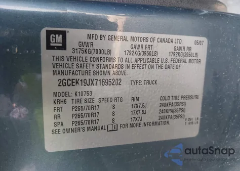 2007 Chevrolet Silverado 1500 Lt1 из США, поврежденный, VIN 2GCEK19JX71695202